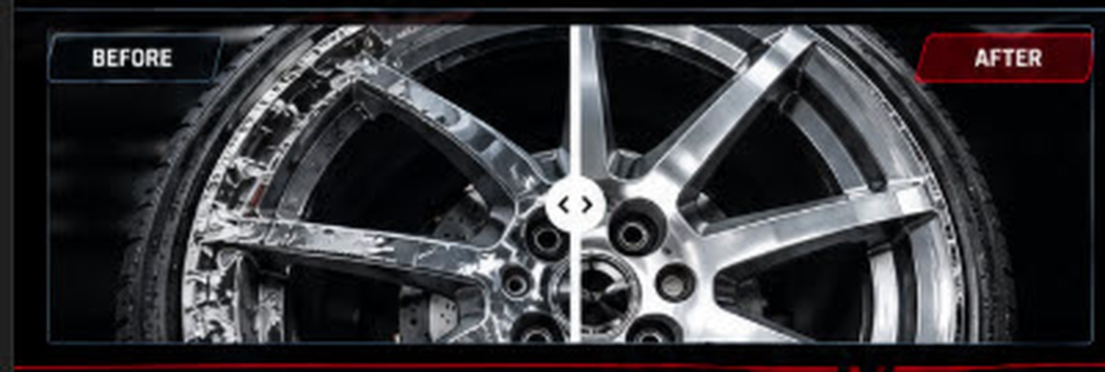 Wheel before and after restoration comparison, left side shows curb rash and scratches, right side shows mirror polished finish